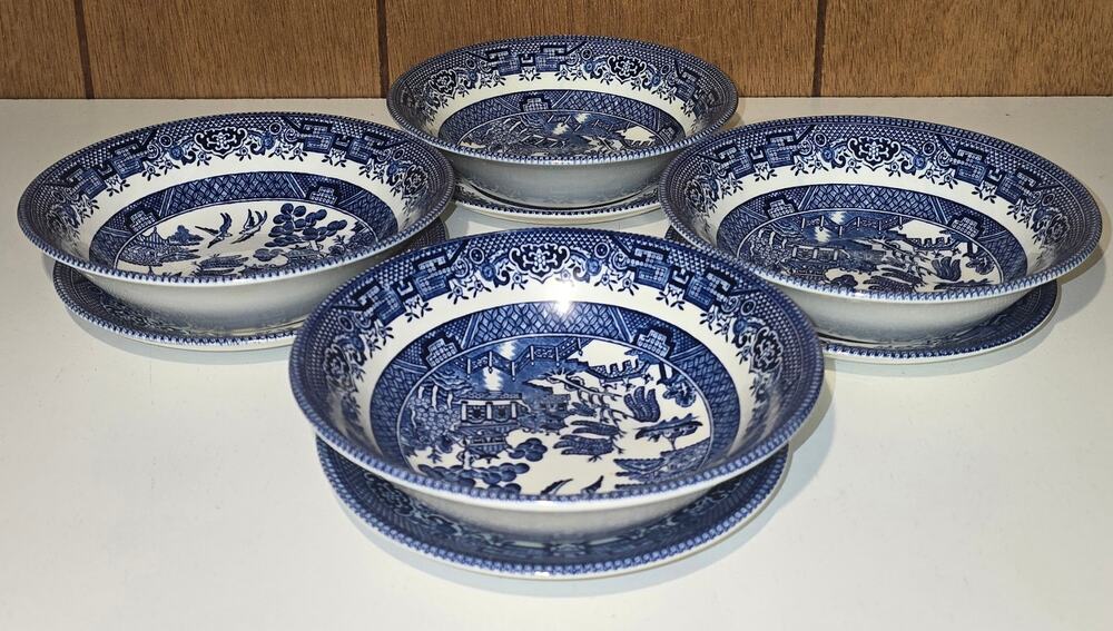 Vintage Blue Willow Fruit Bowls & Saucers Set 8 Pc Made in England